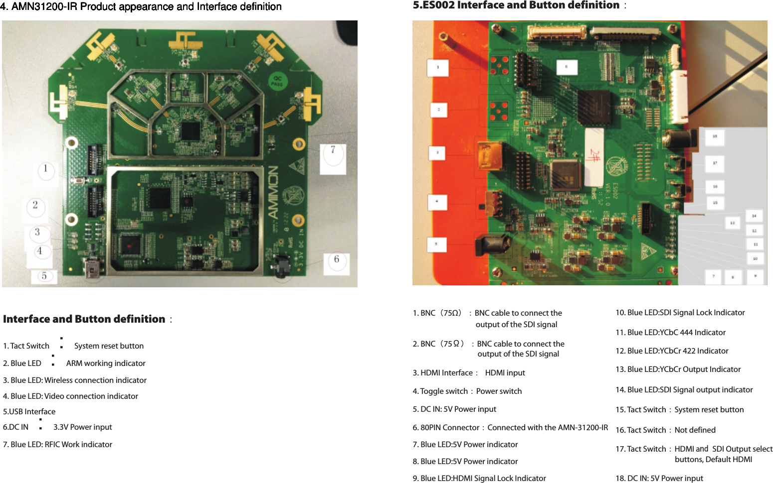  Interface and Button definition：1. Tact Switch：System reset button2. Blue LED：ARM working indicator3. Blue LED: Wireless connection indicator4. Blue LED: Video connection indicator5.USB Interface6.DC IN：3.3V Power input7. Blue LED: RFIC Work indicator5.ES002 Interface and Button definition： 3. HDMI Interface： HDMI input4. Toggle switch：Power switch5. DC IN: 5V Power input6. 80PIN Connector：Connected with the AMN-31200-IR7. Blue LED:5V Power indicator8. Blue LED:5V Power indicator9. Blue LED:HDMI Signal Lock Indicator10. Blue LED:SDI Signal Lock Indicator11. Blue LED:YCbC 444 Indicator12. Blue LED:YCbCr 422 Indicator13. Blue LED:YCbCr Output Indicator14. Blue LED:SDI Signal output indicator15. Tact Switch：System reset button16. Tact Switch：Not defined18. DC IN: 5V Power input1. BNC（75Ω）：BNC cable to connect the output of the SDI signal2. BNC（75Ω）：BNC cable to connect the output of the SDI signal17. Tact Switch：HDMI and SDI Output select buttons, Default HDMI4. AMN31200-IR Product appearance and Interface definition4. AMN31200-IR Product appearance and Interface definition4. AMN31200-IR Product appearance and Interface definition4. AMN31200-IR Product appearance and Interface definition4. AMN31200-IR Product appearance and Interface definition4. AMN31200-IR Product appearance and Interface definition