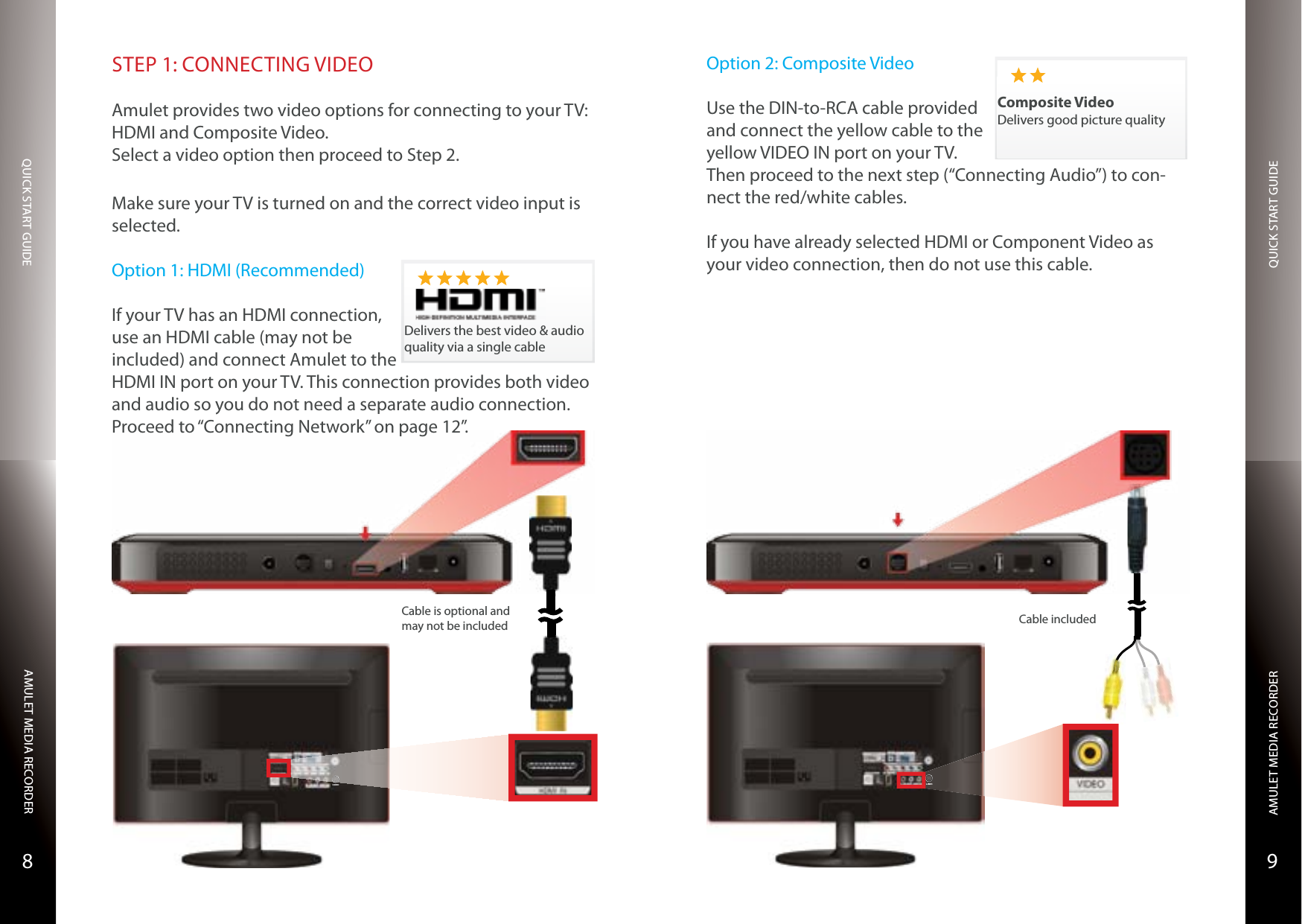 QUICK START GUIDEQUICK START GUIDEAMULET MEDIA RECORDERAMULET MEDIA RECORDER98STEP 1: CONNECTING VIDEOAmulet provides two video options for connecting to your TV: HDMI and Composite Video.Select a video option then proceed to Step 2.Make sure your TV is turned on and the correct video input is selected.Option 1: HDMI (Recommended)If your TV has an HDMI connection, use an HDMI cable (may not be included) and connect Amulet to the HDMI IN port on your TV. This connection provides both video and audio so you do not need a separate audio connection. Proceed to “Connecting Network” on page 12”.Delivers the best video &amp; audio quality via a single cableS-VIDEOCable is optional and may not be includedOption 2: Composite VideoUse the DIN-to-RCA cable provided and connect the yellow cable to the yellow VIDEO IN port on your TV. Then proceed to the next step (“Connecting Audio”) to con-nect the red/white cables.If you have already selected HDMI or Component Video as your video connection, then do not use this cable.Composite VideoDelivers good picture qualityCable includedS-VIDEO