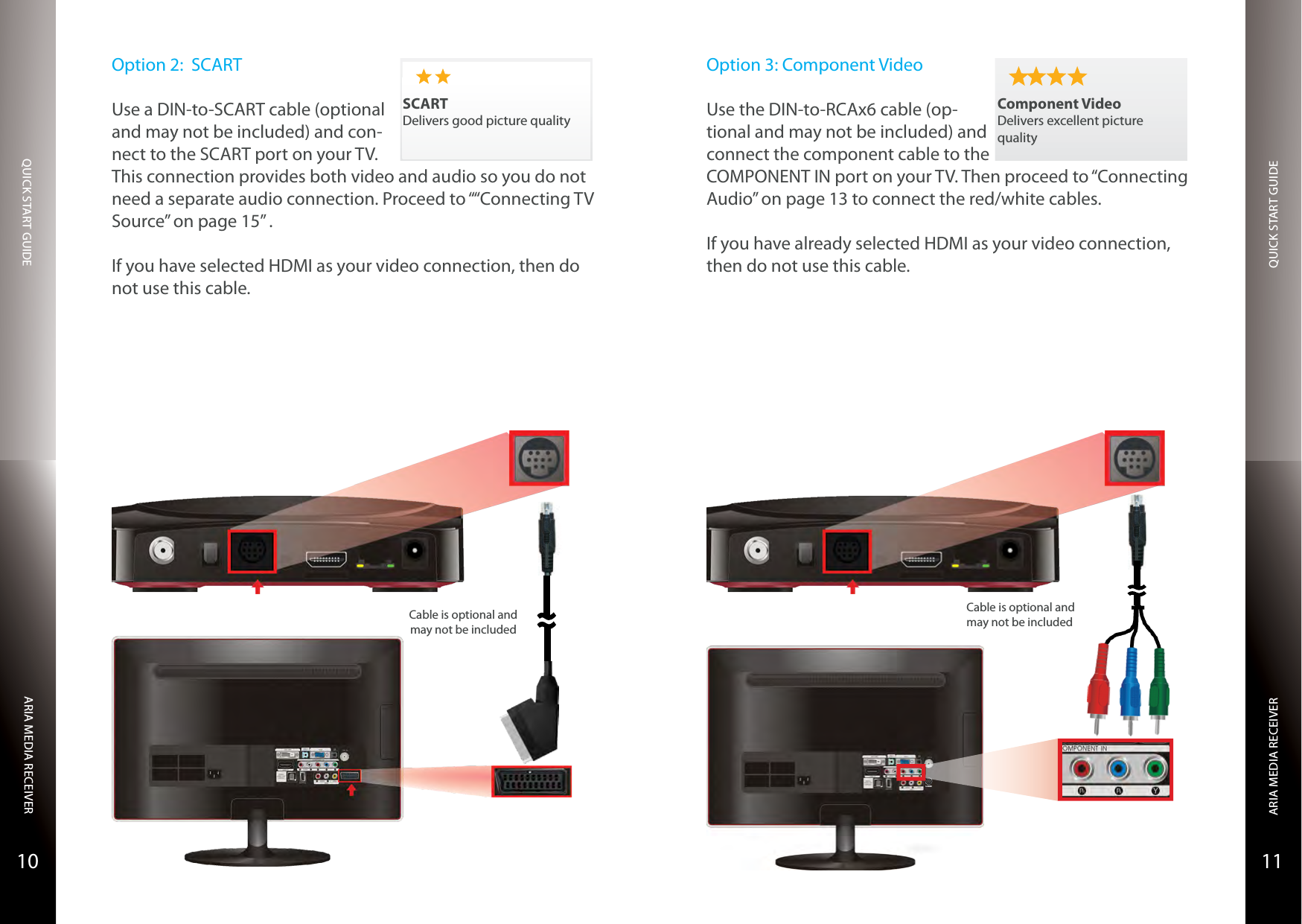 QUICK START GUIDEQUICK START GUIDEARIA MEDIA RECEIVERARIA MEDIA RECEIVER1110Option 2:  SCARTUse a DIN-to-SCART cable (optional and may not be included) and con-nect to the SCART port on your TV. This connection provides both video and audio so you do not need a separate audio connection. Proceed to ““Connecting TV Source” on page 15” .If you have selected HDMI as your video connection, then do not use this cable.Cable is optional and may not be includedSCARTDelivers good picture qualityOption 3: Component VideoUse the DIN-to-RCAx6 cable (op-tional and may not be included) and connect the component cable to the COMPONENT IN port on your TV. Then proceed to “Connecting Audio” on page 13 to connect the red/white cables.If you have already selected HDMI as your video connection, then do not use this cable.Component VideoDelivers excellent picture qualityCable is optional and may not be includedS-VIDEO