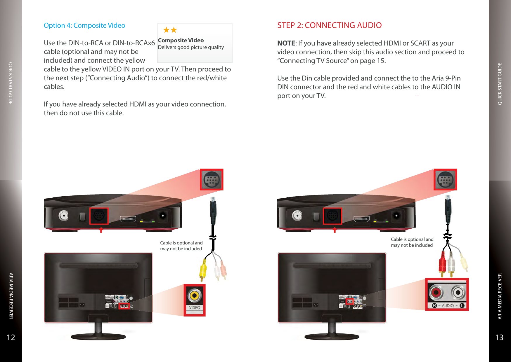 QUICK START GUIDEQUICK START GUIDEARIA MEDIA RECEIVERARIA MEDIA RECEIVER1312STEP 2: CONNECTING AUDIONOTE: If you have already selected HDMI or SCART as your video connection, then skip this audio section and proceed to “Connecting TV Source” on page 15.Use the Din cable provided and connect the to the Aria 9-Pin DIN connector and the red and white cables to the AUDIO IN port on your TV.S-VIDEOCable is optional and may not be includedOption 4: Composite VideoUse the DIN-to-RCA or DIN-to-RCAx6 cable (optional and may not be included) and connect the yellow cable to the yellow VIDEO IN port on your TV. Then proceed to the next step (“Connecting Audio”) to connect the red/white cables.If you have already selected HDMI as your video connection, then do not use this cable.Composite VideoDelivers good picture qualityCable is optional and may not be includedS-VIDEO