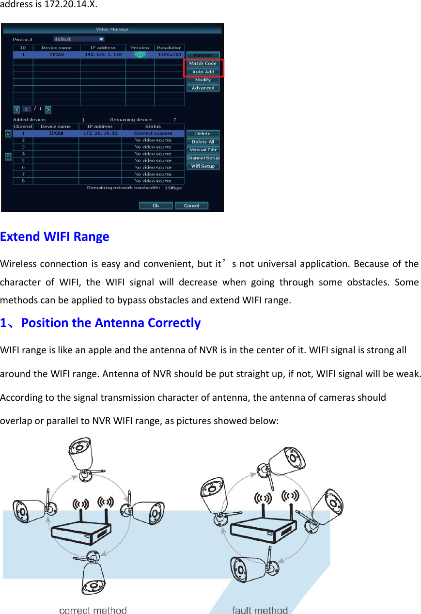 address is 172.20.14.X.  Extend WIFI Range Wireless connection is easy and convenient, but it&rsquo;s not universal application. Because of the character  of  WIFI,  the  WIFI  signal  will  decrease  when  going  through  some  obstacles.  Some methods can be applied to bypass obstacles and extend WIFI range. 1、Position the Antenna Correctly WIFI range is like an apple and the antenna of NVR is in the center of it. WIFI signal is strong all around the WIFI range. Antenna of NVR should be put straight up, if not, WIFI signal will be weak. According to the signal transmission character of antenna, the antenna of cameras should overlap or parallel to NVR WIFI range, as pictures showed below:     