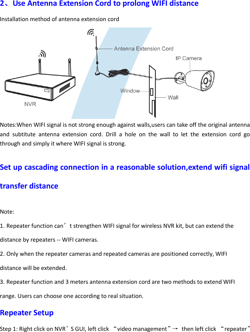 2、Use Antenna Extension Cord to prolong WIFI distance Installation method of antenna extension cord  Notes:When WIFI signal is not strong enough against walls,users can take off the original antenna and  subtitute  antenna  extension  cord.  Drill  a  hole  on  the  wall  to  let  the  extension  cord  go through and simply it where WIFI signal is strong.  Set up cascading connection in a reasonable solution,extend wifi signal transfer distance  Note: 1. Repeater function can&rsquo;t strengthen WIFI signal for wireless NVR kit, but can extend the distance by repeaters -- WIFI cameras.   2. Only when the repeater cameras and repeated cameras are positioned correctly, WIFI distance will be extended.   3. Repeater function and 3 meters antenna extension cord are two methods to extend WIFI range. Users can choose one according to real situation. Repeater Setup Step 1: Right click on NVR&rsquo;S GUI, left click &ldquo;video management&rdquo;&rarr;   then left click &ldquo;repeater&rdquo; 