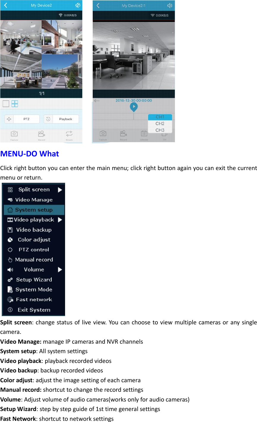      MENU-DO What Click right button you can enter the main menu; click right button again you can exit the current menu or return.  Split screen: change status of live view. You can choose to view  multiple cameras or any single camera. Video Manage: manage IP cameras and NVR channels System setup: All system settings Video playback: playback recorded videos Video backup: backup recorded videos Color adjust: adjust the image setting of each camera Manual record: shortcut to change the record settings Volume: Adjust volume of audio cameras(works only for audio cameras) Setup Wizard: step by step guide of 1st time general settings Fast Network: shortcut to network settings   