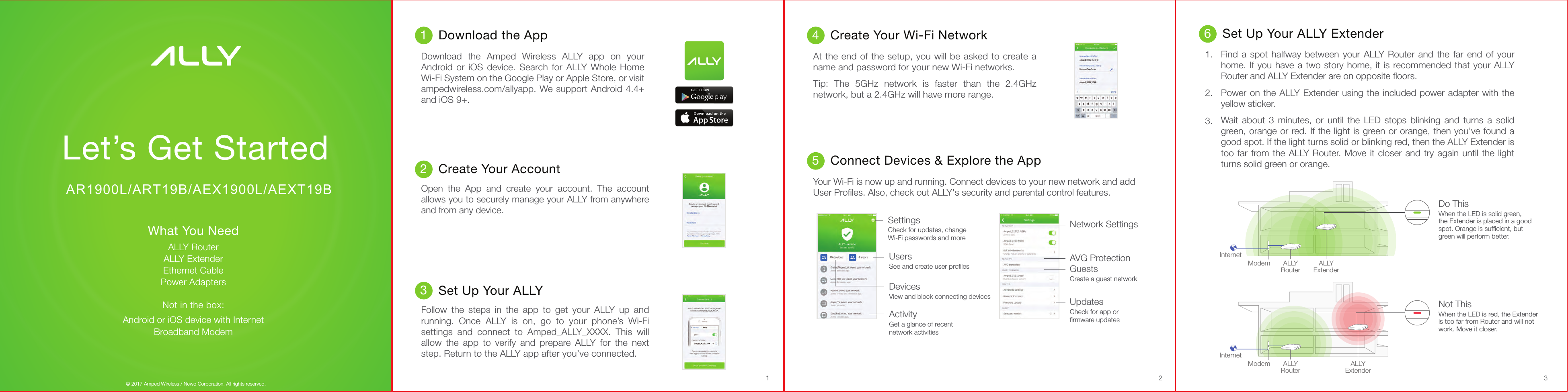 Set Up Your ALLYFollow  the  steps  in  the  app  to  get  your  ALLY  up  and running.  Once  ALLY  is  on,  go  to  your  phone’s  Wi-Fi settings  and  connect  to  Amped_ALLY_XXXX.  This  will allow  the  app  to  verify  and  prepare  ALLY  for  the  next step. Return to the ALLY app after you’ve connected.ModemInternetALLYRouter ALLYExtenderCreate Your Account Open  the  App  and  create  your  account.  The  account allows you to securely manage your ALLY from anywhere and from any device.SettingsCheck for updates, change Wi-Fi passwords and moreUsersSee and create user proﬁlesDevicesView and block connecting devicesNetwork SettingsAVG ProtectionGuestsCreate a guest networkUpdatesCheck for app orﬁrmware updatesActivityGet a glance of recentnetwork activitiesLet’s Get Started1 2 3What You NeedALLY RouterALLY ExtenderEthernet CablePower AdaptersNot in the box:Android or iOS device with InternetBroadband Modem23Download the AppDownload  the  Amped  Wireless  ALLY  app  on  your Android or  iOS  device. Search for  ALLY Whole  Home Wi-Fi System on the Google Play or Apple Store, or visit ampedwireless.com/allyapp. We support Android 4.4+ and iOS 9+.1Create Your Wi-Fi NetworkAt the end of the setup, you will be asked to create a name and password for your new Wi-Fi networks.Tip:  The  5GHz  network  is  faster  than  the  2.4GHz network, but a 2.4GHz will have more range.4Set Up Your ALLY ExtenderFind  a  spot  halfway  between  your  ALLY Router  and the  far end  of your home. If you have a two story home, it is recommended that your ALLY Router and ALLY Extender are on opposite ﬂoors.Power on the ALLY Extender using the included  power adapter with the yellow sticker.Wait  about  3  minutes,  or  until  the  LED  stops  blinking  and  turns  a  solid green, orange or red. If the light is green or orange, then you&apos;ve found a good spot. If the light turns solid or blinking red, then the ALLY Extender is too far from the ALLY Router. Move  it  closer  and try  again  until  the light turns solid green or orange.1.2.3.6Connect Devices &amp; Explore the AppYour Wi-Fi is now up and running. Connect devices to your new network and add User Proﬁles. Also, check out ALLY&apos;s security and parental control features.5ModemInternetALLYRouter ALLYExtenderDo ThisWhen the LED is solid green, the Extender is placed in a good spot. Orange is sufﬁcient, but green will perform better.Not ThisWhen the LED is red, the Extender is too far from Router and will notwork. Move it closer.© 2017 Amped Wireless / Newo Corporation. All rights reserved.AR1900L/ART19B/AEX1900L/AEXT19B