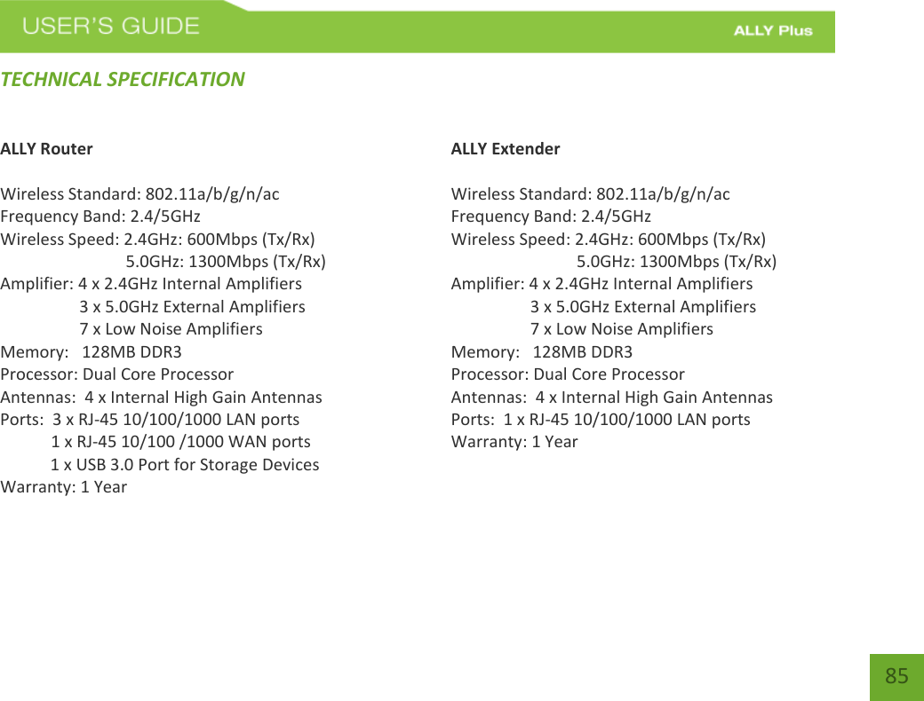    85 TECHNICAL SPECIFICATIONALLY Router  Wireless Standard: 802.11a/b/g/n/ac Frequency Band: 2.4/5GHz Wireless Speed: 2.4GHz: 600Mbps (Tx/Rx)                               5.0GHz: 1300Mbps (Tx/Rx) Amplifier: 4 x 2.4GHz Internal Amplifiers     3 x 5.0GHz External Amplifiers     7 x Low Noise Amplifiers Memory:   128MB DDR3 Processor: Dual Core Processor Antennas:  4 x Internal High Gain Antennas Ports:  3 x RJ-45 10/100/1000 LAN ports  1 x RJ-45 10/100 /1000 WAN ports     1 x USB 3.0 Port for Storage Devices Warranty: 1 Year    ALLY Extender  Wireless Standard: 802.11a/b/g/n/ac Frequency Band: 2.4/5GHz Wireless Speed: 2.4GHz: 600Mbps (Tx/Rx)                               5.0GHz: 1300Mbps (Tx/Rx) Amplifier: 4 x 2.4GHz Internal Amplifiers     3 x 5.0GHz External Amplifiers     7 x Low Noise Amplifiers Memory:   128MB DDR3 Processor: Dual Core Processor Antennas:  4 x Internal High Gain Antennas Ports:  1 x RJ-45 10/100/1000 LAN ports Warranty: 1 Year      