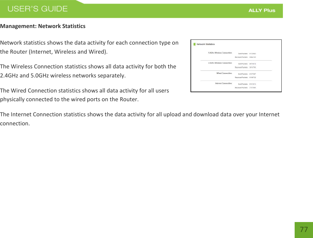    77 Management: Network Statistics  Network statistics shows the data activity for each connection type on the Router (Internet, Wireless and Wired). The Wireless Connection statistics shows all data activity for both the 2.4GHz and 5.0GHz wireless networks separately. The Wired Connection statistics shows all data activity for all users physically connected to the wired ports on the Router. The Internet Connection statistics shows the data activity for all upload and download data over your Internet connection.  