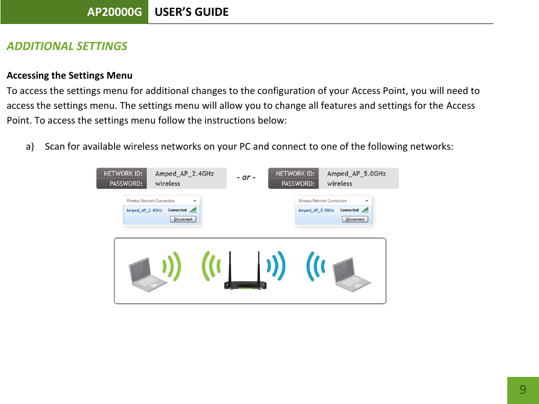 AP20000G USER’S GUIDE   9 9 ADDITIONAL SETTINGS Accessing the Settings Menu To access the settings menu for additional changes to the configuration of your Access Point, you will need to access the settings menu. The settings menu will allow you to change all features and settings for the Access Point. To access the settings menu follow the instructions below: a) Scan for available wireless networks on your PC and connect to one of the following networks:  