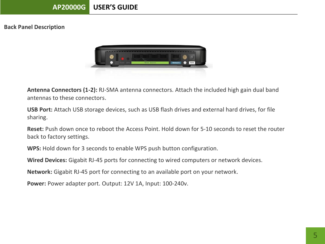 AP20000G USER’S GUIDE    5 Back Panel Description  Antenna Connectors (1-2): RJ-SMA antenna connectors. Attach the included high gain dual band antennas to these connectors. USB Port: Attach USB storage devices, such as USB flash drives and external hard drives, for file sharing.  Reset: Push down once to reboot the Access Point. Hold down for 5-10 seconds to reset the router back to factory settings. WPS: Hold down for 3 seconds to enable WPS push button configuration. Wired Devices: Gigabit RJ-45 ports for connecting to wired computers or network devices. Network: Gigabit RJ-45 port for connecting to an available port on your network. Power: Power adapter port. Output: 12V 1A, Input: 100-240v. 