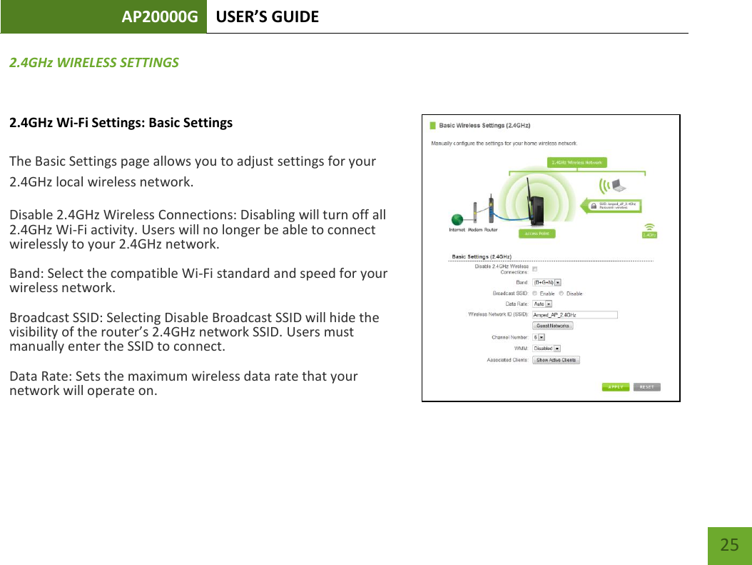 AP20000G USER’S GUIDE   25 25 2.4GHz WIRELESS SETTINGS 2.4GHz Wi-Fi Settings: Basic Settings The Basic Settings page allows you to adjust settings for your 2.4GHz local wireless network. Disable 2.4GHz Wireless Connections: Disabling will turn off all 2.4GHz Wi-Fi activity. Users will no longer be able to connect wirelessly to your 2.4GHz network. Band: Select the compatible Wi-Fi standard and speed for your wireless network. Broadcast SSID: Selecting Disable Broadcast SSID will hide the visibility of the router’s 2.4GHz network SSID. Users must manually enter the SSID to connect. Data Rate: Sets the maximum wireless data rate that your network will operate on.     