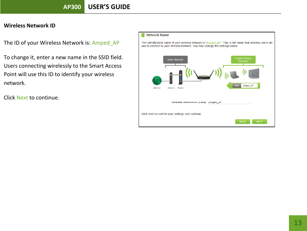 AP300 USER’S GUIDE    13 Wireless Network ID  The ID of your Wireless Network is: Amped_AP To change it, enter a new name in the SSID field.  Users connecting wirelessly to the Smart Access Point will use this ID to identify your wireless network. Click Next to continue.      