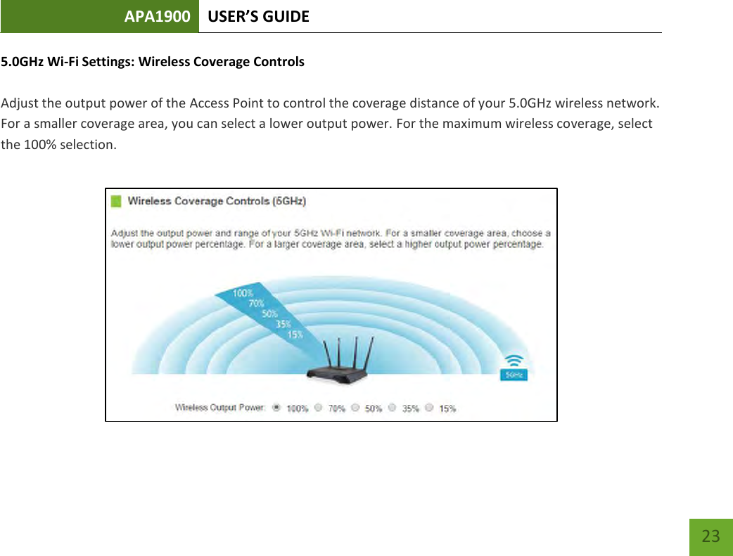 APA1900 USER’S GUIDE   23 23 5.0GHz Wi-Fi Settings: Wireless Coverage Controls  Adjust the output power of the Access Point to control the coverage distance of your 5.0GHz wireless network. For a smaller coverage area, you can select a lower output power. For the maximum wireless coverage, select the 100% selection. 
