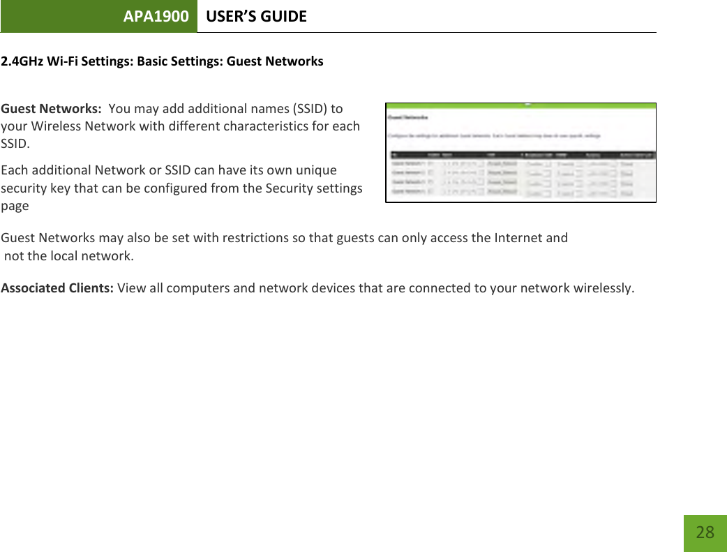 APA1900 USER’S GUIDE   28 28 2.4GHz Wi-Fi Settings: Basic Settings: Guest Networks  Guest Networks:  You may add additional names (SSID) to your Wireless Network with different characteristics for each SSID. Each additional Network or SSID can have its own unique security key that can be configured from the Security settings page  Guest Networks may also be set with restrictions so that guests can only access the Internet and  not the local network. Associated Clients: View all computers and network devices that are connected to your network wirelessly.   