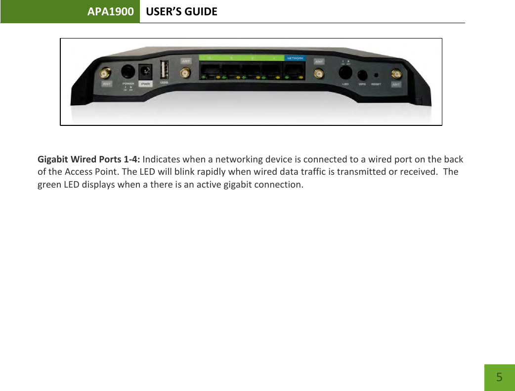 APA1900 USER’S GUIDE    5    Gigabit Wired Ports 1-4: Indicates when a networking device is connected to a wired port on the back of the Access Point. The LED will blink rapidly when wired data traffic is transmitted or received.  The green LED displays when a there is an active gigabit connection.      