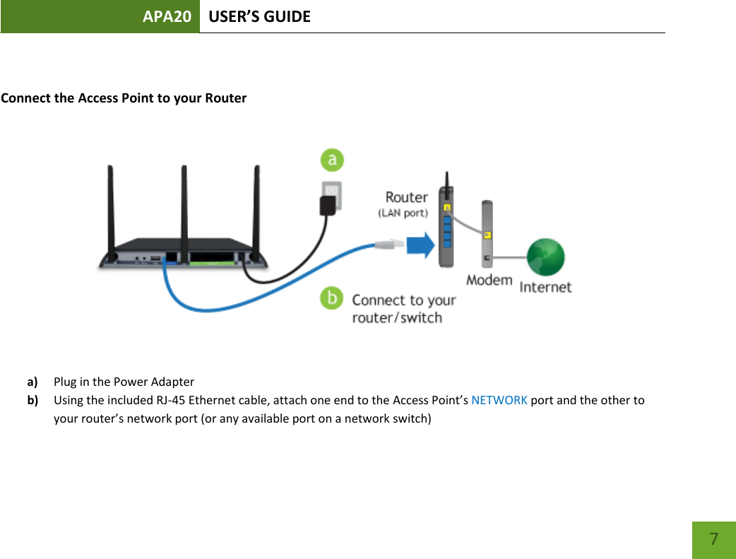 APA20 USER’S GUIDE   7 7  Connect the Access Point to your Router  a) Plug in the Power Adapter b) Using the included RJ-45 Ethernet cable, attach one end to the Access Point’s NETWORK port and the other to your router’s network port (or any available port on a network switch) 