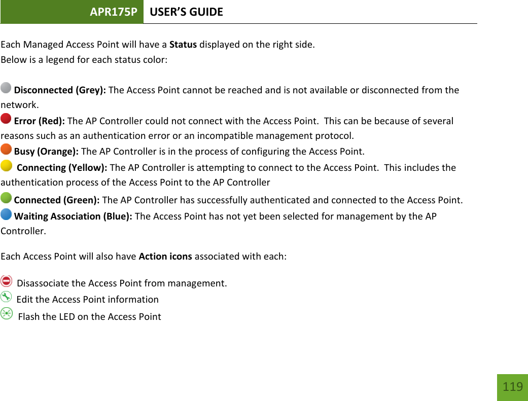 APR175P USER’S GUIDE   119 119 Each Managed Access Point will have a Status displayed on the right side.   Below is a legend for each status color:   Disconnected (Grey): The Access Point cannot be reached and is not available or disconnected from the network.  Error (Red): The AP Controller could not connect with the Access Point.  This can be because of several reasons such as an authentication error or an incompatible management protocol.  Busy (Orange): The AP Controller is in the process of configuring the Access Point.   Connecting (Yellow): The AP Controller is attempting to connect to the Access Point.  This includes the authentication process of the Access Point to the AP Controller  Connected (Green): The AP Controller has successfully authenticated and connected to the Access Point.  Waiting Association (Blue): The Access Point has not yet been selected for management by the AP Controller. Each Access Point will also have Action icons associated with each:   Disassociate the Access Point from management.   Edit the Access Point information   Flash the LED on the Access Point 