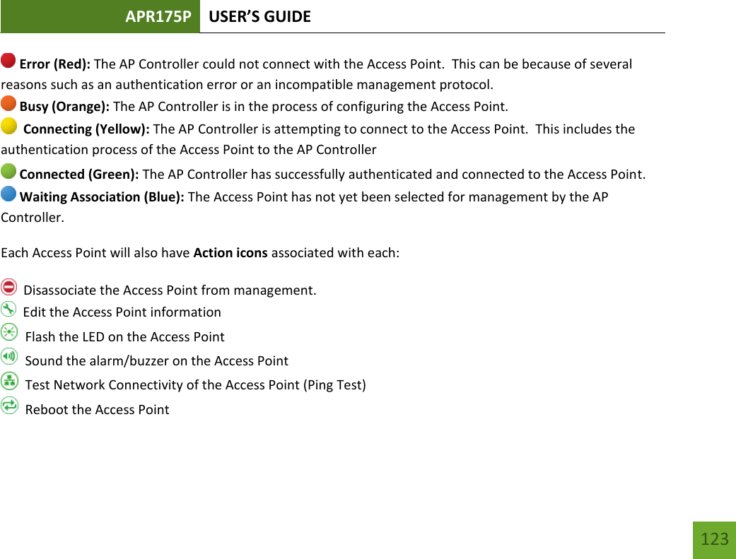 APR175P USER’S GUIDE   123 123  Error (Red): The AP Controller could not connect with the Access Point.  This can be because of several reasons such as an authentication error or an incompatible management protocol.  Busy (Orange): The AP Controller is in the process of configuring the Access Point.   Connecting (Yellow): The AP Controller is attempting to connect to the Access Point.  This includes the authentication process of the Access Point to the AP Controller  Connected (Green): The AP Controller has successfully authenticated and connected to the Access Point.  Waiting Association (Blue): The Access Point has not yet been selected for management by the AP Controller. Each Access Point will also have Action icons associated with each:   Disassociate the Access Point from management.   Edit the Access Point information   Flash the LED on the Access Point   Sound the alarm/buzzer on the Access Point   Test Network Connectivity of the Access Point (Ping Test)   Reboot the Access Point 