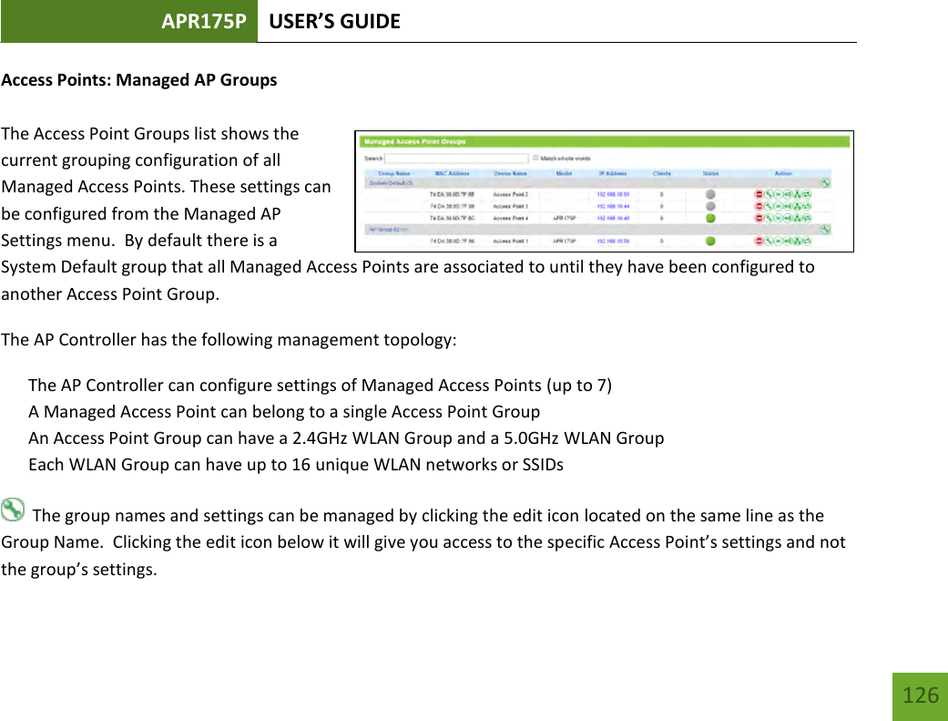 APR175P USER’S GUIDE   126 126 Access Points: Managed AP Groups  The Access Point Groups list shows the current grouping configuration of all Managed Access Points. These settings can be configured from the Managed AP Settings menu.  By default there is a System Default group that all Managed Access Points are associated to until they have been configured to another Access Point Group. The AP Controller has the following management topology: The AP Controller can configure settings of Managed Access Points (up to 7) A Managed Access Point can belong to a single Access Point Group An Access Point Group can have a 2.4GHz WLAN Group and a 5.0GHz WLAN Group Each WLAN Group can have up to 16 unique WLAN networks or SSIDs   The group names and settings can be managed by clicking the edit icon located on the same line as the Group Name.  Clicking the edit icon below it will give you access to the specific Access Point’s settings and not the group’s settings.   