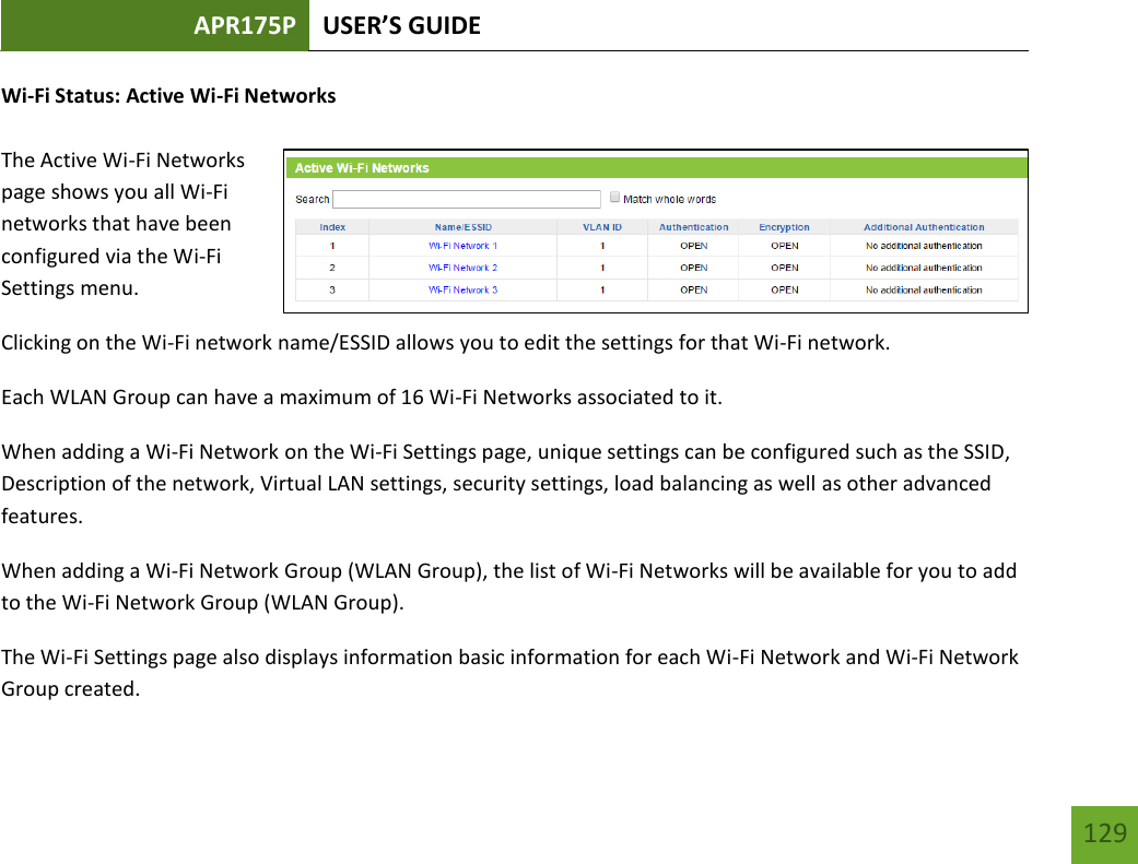 APR175P USER’S GUIDE   129 129 Wi-Fi Status: Active Wi-Fi Networks  The Active Wi-Fi Networks page shows you all Wi-Fi networks that have been configured via the Wi-Fi Settings menu.   Clicking on the Wi-Fi network name/ESSID allows you to edit the settings for that Wi-Fi network.   Each WLAN Group can have a maximum of 16 Wi-Fi Networks associated to it. When adding a Wi-Fi Network on the Wi-Fi Settings page, unique settings can be configured such as the SSID, Description of the network, Virtual LAN settings, security settings, load balancing as well as other advanced features. When adding a Wi-Fi Network Group (WLAN Group), the list of Wi-Fi Networks will be available for you to add to the Wi-Fi Network Group (WLAN Group). The Wi-Fi Settings page also displays information basic information for each Wi-Fi Network and Wi-Fi Network Group created.   