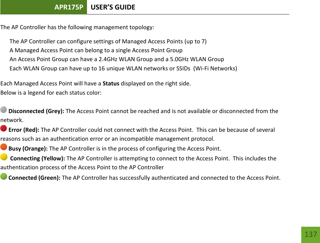 APR175P USER’S GUIDE   137 137 The AP Controller has the following management topology: The AP Controller can configure settings of Managed Access Points (up to 7) A Managed Access Point can belong to a single Access Point Group An Access Point Group can have a 2.4GHz WLAN Group and a 5.0GHz WLAN Group Each WLAN Group can have up to 16 unique WLAN networks or SSIDs  (Wi-Fi Networks) Each Managed Access Point will have a Status displayed on the right side.   Below is a legend for each status color:   Disconnected (Grey): The Access Point cannot be reached and is not available or disconnected from the network.  Error (Red): The AP Controller could not connect with the Access Point.  This can be because of several reasons such as an authentication error or an incompatible management protocol.  Busy (Orange): The AP Controller is in the process of configuring the Access Point.   Connecting (Yellow): The AP Controller is attempting to connect to the Access Point.  This includes the authentication process of the Access Point to the AP Controller  Connected (Green): The AP Controller has successfully authenticated and connected to the Access Point. 