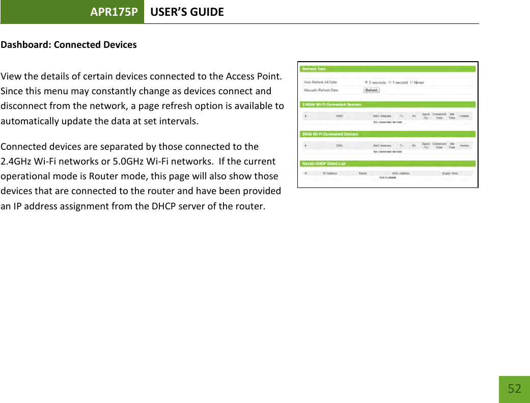 APR175P USER’S GUIDE    52 Dashboard: Connected Devices  View the details of certain devices connected to the Access Point.  Since this menu may constantly change as devices connect and disconnect from the network, a page refresh option is available to automatically update the data at set intervals. Connected devices are separated by those connected to the 2.4GHz Wi-Fi networks or 5.0GHz Wi-Fi networks.  If the current operational mode is Router mode, this page will also show those devices that are connected to the router and have been provided an IP address assignment from the DHCP server of the router.       