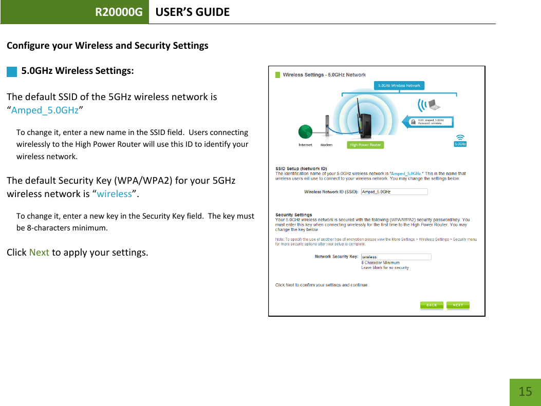 R20000G USER’S GUIDE    15 Configure your Wireless and Security Settings       5.0GHz Wireless Settings:   The default SSID of the 5GHz wireless network is “Amped_5.0GHz”  To change it, enter a new name in the SSID field.  Users connecting wirelessly to the High Power Router will use this ID to identify your wireless network. The default Security Key (WPA/WPA2) for your 5GHz wireless network is “wireless”. To change it, enter a new key in the Security Key field.  The key must be 8-characters minimum. Click Next to apply your settings.      