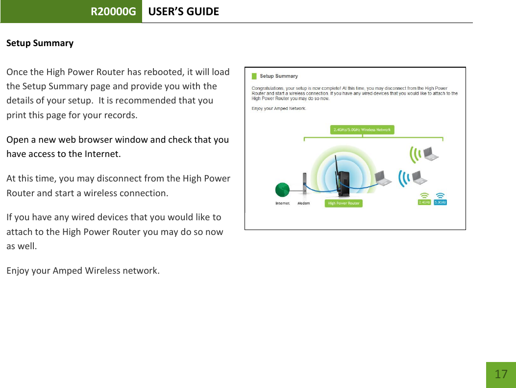 R20000G USER’S GUIDE    17 Setup Summary  Once the High Power Router has rebooted, it will load the Setup Summary page and provide you with the details of your setup.  It is recommended that you print this page for your records. Open a new web browser window and check that you have access to the Internet. At this time, you may disconnect from the High Power Router and start a wireless connection. If you have any wired devices that you would like to attach to the High Power Router you may do so now as well. Enjoy your Amped Wireless network. 