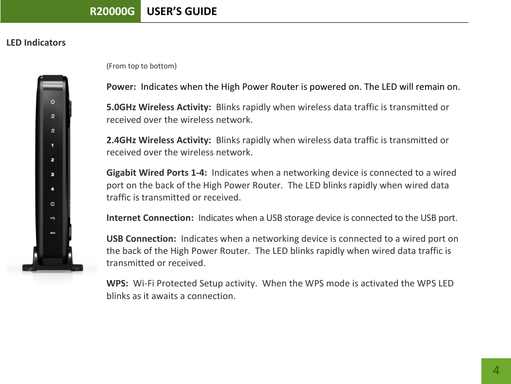 R20000G USER’S GUIDE    4 LED Indicators  (From top to bottom) Power:  Indicates when the High Power Router is powered on. The LED will remain on. 5.0GHz Wireless Activity:  Blinks rapidly when wireless data traffic is transmitted or received over the wireless network. 2.4GHz Wireless Activity:  Blinks rapidly when wireless data traffic is transmitted or received over the wireless network. Gigabit Wired Ports 1-4:  Indicates when a networking device is connected to a wired port on the back of the High Power Router.  The LED blinks rapidly when wired data traffic is transmitted or received. Internet Connection:  Indicates when a USB storage device is connected to the USB port. USB Connection:  Indicates when a networking device is connected to a wired port on the back of the High Power Router.  The LED blinks rapidly when wired data traffic is transmitted or received. WPS:  Wi-Fi Protected Setup activity.  When the WPS mode is activated the WPS LED blinks as it awaits a connection. 