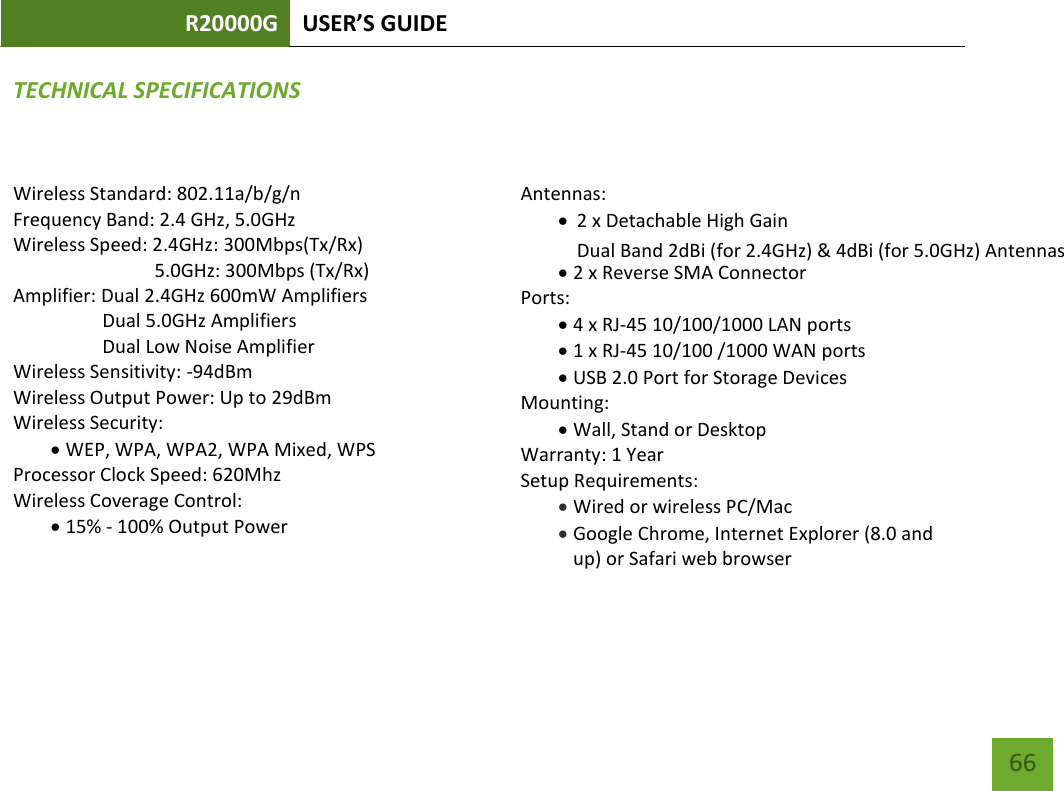 R20000G USER’S GUIDE    66 TECHNICAL SPECIFICATIONS Wireless Standard: 802.11a/b/g/n Frequency Band: 2.4 GHz, 5.0GHz Wireless Speed: 2.4GHz: 300Mbps(Tx/Rx)                               5.0GHz: 300Mbps (Tx/Rx) Amplifier: Dual 2.4GHz 600mW Amplifiers    Dual 5.0GHz Amplifiers    Dual Low Noise Amplifier Wireless Sensitivity: -94dBm Wireless Output Power: Up to 29dBm Wireless Security:  WEP, WPA, WPA2, WPA Mixed, WPS Processor Clock Speed: 620Mhz Wireless Coverage Control:  15% - 100% Output Power    Antennas:  2 x Detachable High Gain  Dual Band 2dBi (for 2.4GHz) &amp; 4dBi (for 5.0GHz) Antennas  2 x Reverse SMA Connector Ports:  4 x RJ-45 10/100/1000 LAN ports  1 x RJ-45 10/100 /1000 WAN ports  USB 2.0 Port for Storage Devices Mounting:  Wall, Stand or Desktop Warranty: 1 Year Setup Requirements:  Wired or wireless PC/Mac   Google Chrome, Internet Explorer (8.0 and up) or Safari web browser 