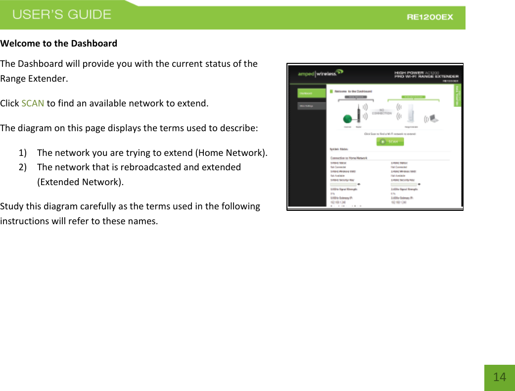   14 14 Welcome to the Dashboard The Dashboard will provide you with the current status of the Range Extender.    Click SCAN to find an available network to extend. The diagram on this page displays the terms used to describe: 1) The network you are trying to extend (Home Network). 2) The network that is rebroadcasted and extended (Extended Network). Study this diagram carefully as the terms used in the following instructions will refer to these names.  