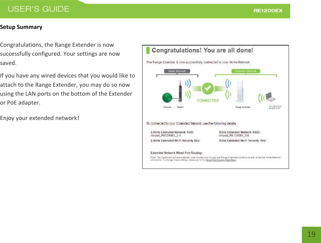   19 19 Setup Summary  Congratulations, the Range Extender is now successfully configured. Your settings are now saved.   If you have any wired devices that you would like to attach to the Range Extender, you may do so now using the LAN ports on the bottom of the Extender or PoE adapter. Enjoy your extended network!          