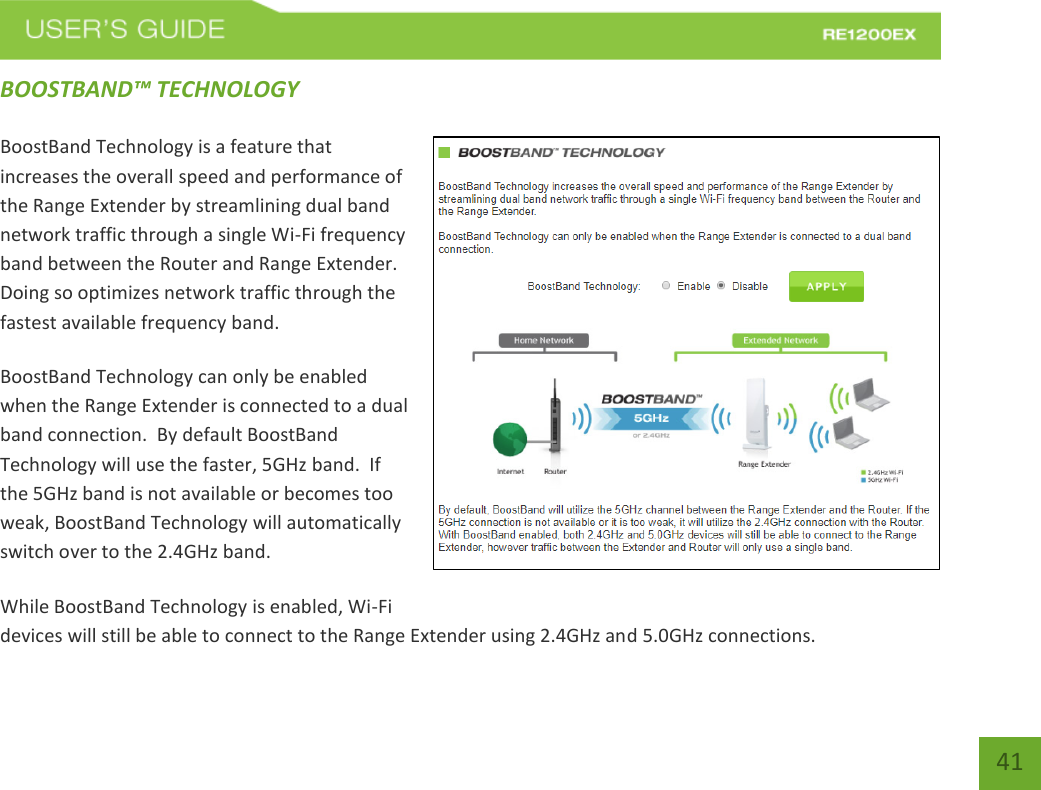   41 41 BOOSTBAND™ TECHNOLOGY BoostBand Technology is a feature that increases the overall speed and performance of the Range Extender by streamlining dual band network traffic through a single Wi-Fi frequency band between the Router and Range Extender.  Doing so optimizes network traffic through the fastest available frequency band. BoostBand Technology can only be enabled when the Range Extender is connected to a dual band connection.  By default BoostBand Technology will use the faster, 5GHz band.  If the 5GHz band is not available or becomes too weak, BoostBand Technology will automatically switch over to the 2.4GHz band.   While BoostBand Technology is enabled, Wi-Fi devices will still be able to connect to the Range Extender using 2.4GHz and 5.0GHz connections.  