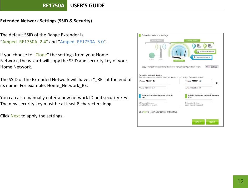 RE1750A USER’S GUIDE   12 12 Extended Network Settings (SSID &amp; Security)  The default SSID of the Range Extender is “Amped_RE1750A_2.4” and “Amped_RE1750A_5.0”.  If you choose to &quot;Clone&quot; the settings from your Home Network, the wizard will copy the SSID and security key of your Home Network.   The SSID of the Extended Network will have a &quot;_RE&quot; at the end of its name. For example: Home_Network_RE.  You can also manually enter a new network ID and security key. The new security key must be at least 8 characters long.  Click Next to apply the settings.      