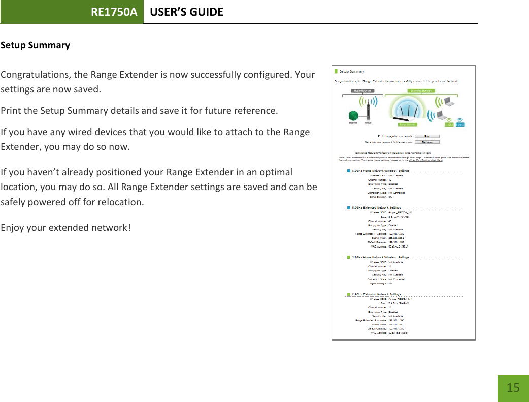 RE1750A USER’S GUIDE   15 15 Setup Summary  Congratulations, the Range Extender is now successfully configured. Your settings are now saved.   Print the Setup Summary details and save it for future reference. If you have any wired devices that you would like to attach to the Range Extender, you may do so now. If you haven’t already positioned your Range Extender in an optimal location, you may do so. All Range Extender settings are saved and can be safely powered off for relocation.   Enjoy your extended network!      