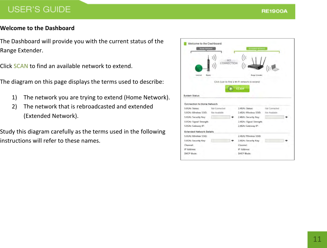   11 11 Welcome to the Dashboard The Dashboard will provide you with the current status of the Range Extender.   Click SCAN to find an available network to extend. The diagram on this page displays the terms used to describe: 1) The network you are trying to extend (Home Network). 2) The network that is rebroadcasted and extended (Extended Network). Study this diagram carefully as the terms used in the following instructions will refer to these names.  