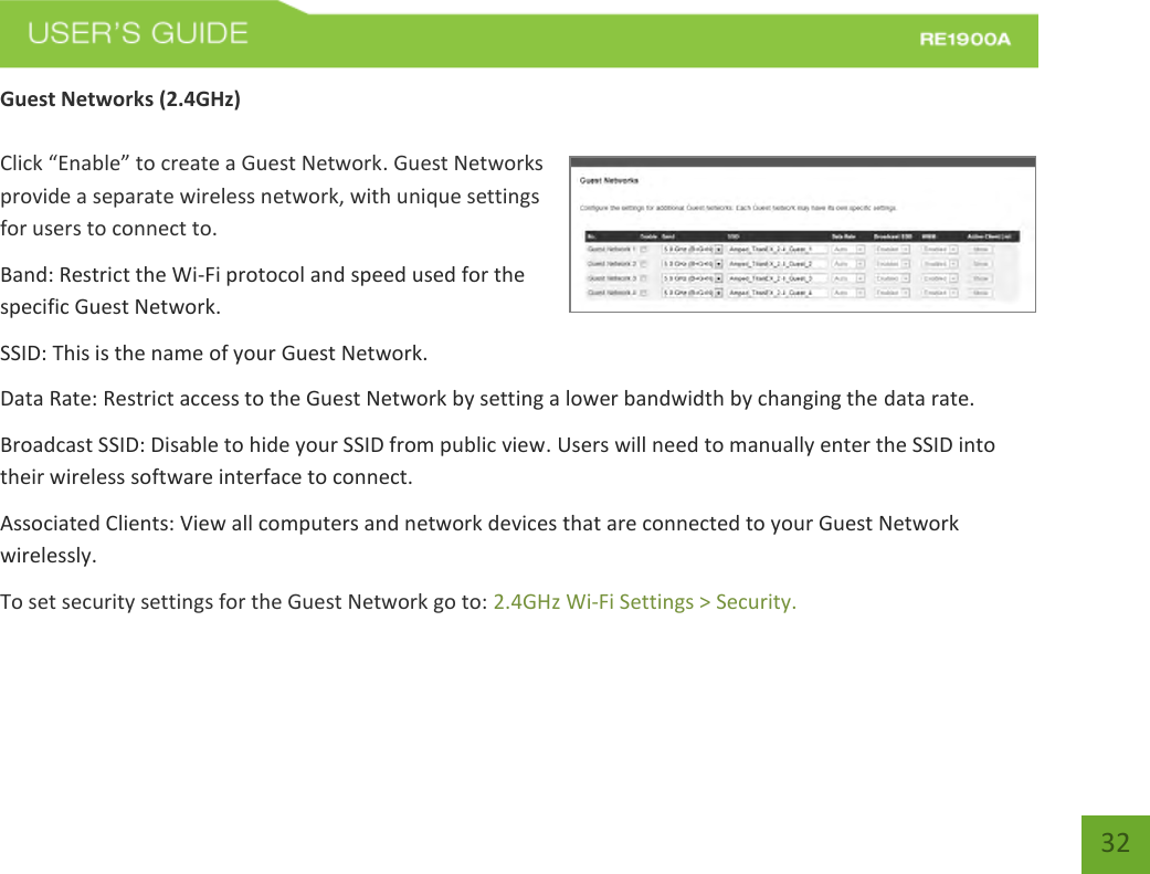   32 32 Guest Networks (2.4GHz)  Click “Enable” to create a Guest Network. Guest Networks provide a separate wireless network, with unique settings for users to connect to. Band: Restrict the Wi-Fi protocol and speed used for the specific Guest Network. SSID: This is the name of your Guest Network.    Data Rate: Restrict access to the Guest Network by setting a lower bandwidth by changing the data rate.  Broadcast SSID: Disable to hide your SSID from public view. Users will need to manually enter the SSID into their wireless software interface to connect. Associated Clients: View all computers and network devices that are connected to your Guest Network wirelessly. To set security settings for the Guest Network go to: 2.4GHz Wi-Fi Settings &gt; Security. 