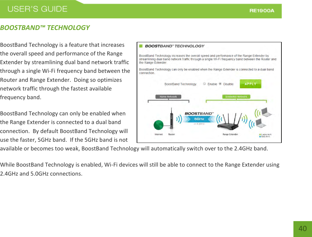   40 40 BOOSTBAND™ TECHNOLOGY BoostBand Technology is a feature that increases the overall speed and performance of the Range Extender by streamlining dual band network traffic through a single Wi-Fi frequency band between the Router and Range Extender.  Doing so optimizes network traffic through the fastest available frequency band. BoostBand Technology can only be enabled when the Range Extender is connected to a dual band connection.  By default BoostBand Technology will use the faster, 5GHz band.  If the 5GHz band is not available or becomes too weak, BoostBand Technology will automatically switch over to the 2.4GHz band.   While BoostBand Technology is enabled, Wi-Fi devices will still be able to connect to the Range Extender using 2.4GHz and 5.0GHz connections.   