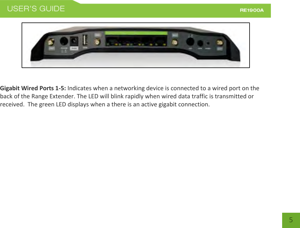   5 5    Gigabit Wired Ports 1-5: Indicates when a networking device is connected to a wired port on the back of the Range Extender. The LED will blink rapidly when wired data traffic is transmitted or received.  The green LED displays when a there is an active gigabit connection.           