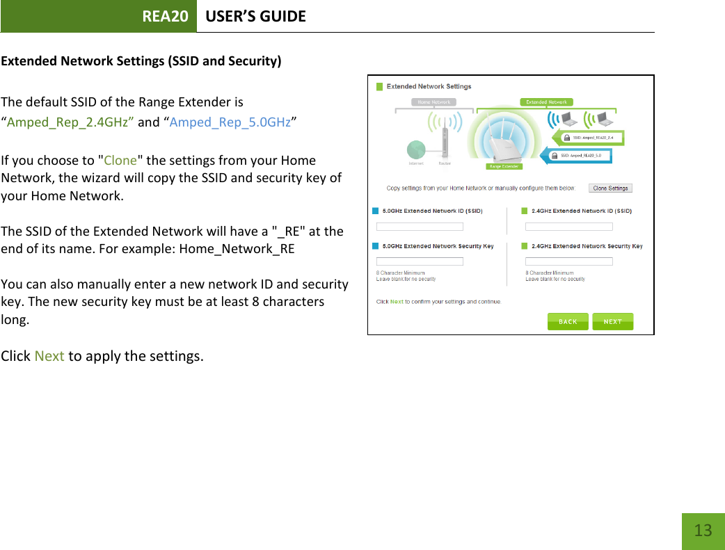 REA20 USER’S GUIDE   13 13 Extended Network Settings (SSID and Security)  The default SSID of the Range Extender is “Amped_Rep_2.4GHz” and “Amped_Rep_5.0GHz”  If you choose to &quot;Clone&quot; the settings from your Home Network, the wizard will copy the SSID and security key of your Home Network.  The SSID of the Extended Network will have a &quot;_RE&quot; at the end of its name. For example: Home_Network_RE  You can also manually enter a new network ID and security key. The new security key must be at least 8 characters long.  Click Next to apply the settings.     