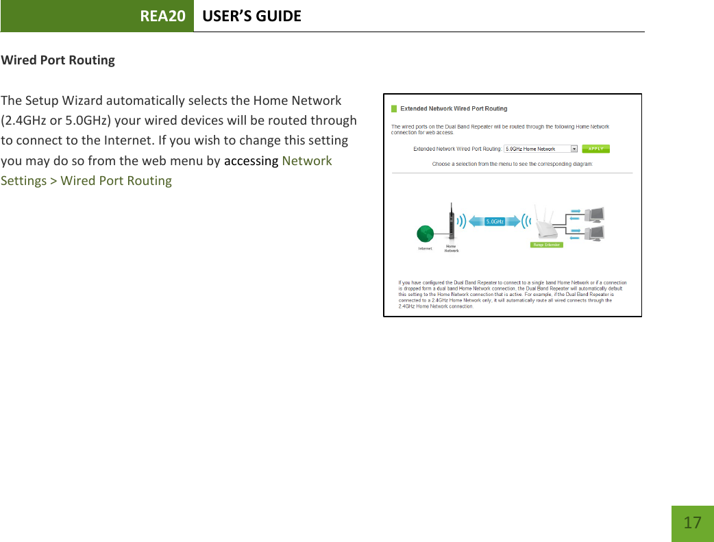 REA20 USER’S GUIDE   17 17 Wired Port Routing  The Setup Wizard automatically selects the Home Network (2.4GHz or 5.0GHz) your wired devices will be routed through to connect to the Internet. If you wish to change this setting you may do so from the web menu by accessing Network Settings &gt; Wired Port Routing    