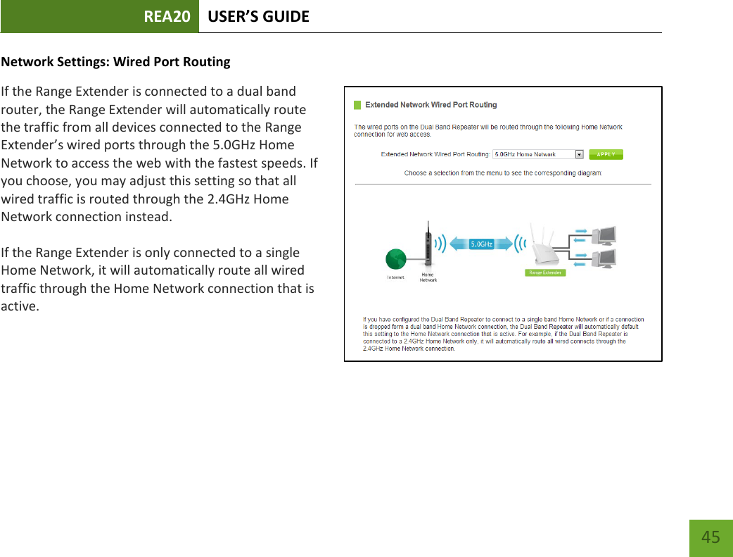 REA20 USER’S GUIDE   45 45 Network Settings: Wired Port Routing If the Range Extender is connected to a dual band router, the Range Extender will automatically route the traffic from all devices connected to the Range Extender’s wired ports through the 5.0GHz Home Network to access the web with the fastest speeds. If you choose, you may adjust this setting so that all wired traffic is routed through the 2.4GHz Home Network connection instead.    If the Range Extender is only connected to a single Home Network, it will automatically route all wired traffic through the Home Network connection that is active. 