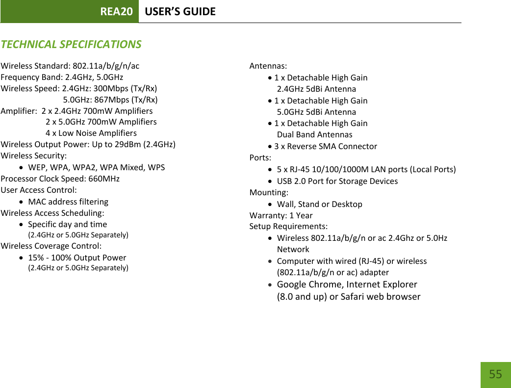 REA20 USER’S GUIDE   55 55 TECHNICAL SPECIFICATIONSWireless Standard: 802.11a/b/g/n/ac Frequency Band: 2.4GHz, 5.0GHz Wireless Speed: 2.4GHz: 300Mbps (Tx/Rx)                               5.0GHz: 867Mbps (Tx/Rx) Amplifier:  2 x 2.4GHz 700mW Amplifiers     2 x 5.0GHz 700mW Amplifiers     4 x Low Noise Amplifiers Wireless Output Power: Up to 29dBm (2.4GHz) Wireless Security:  WEP, WPA, WPA2, WPA Mixed, WPS Processor Clock Speed: 660MHz User Access Control:  MAC address filtering Wireless Access Scheduling:   Specific day and time (2.4GHz or 5.0GHz Separately) Wireless Coverage Control:   15% - 100% Output Power (2.4GHz or 5.0GHz Separately)  Antennas: 1 x Detachable High Gain 2.4GHz 5dBi Antenna 1 x Detachable High Gain 5.0GHz 5dBi Antenna 1 x Detachable High Gain Dual Band Antennas 3 x Reverse SMA Connector Ports:  5 x RJ-45 10/100/1000M LAN ports (Local Ports)  USB 2.0 Port for Storage Devices Mounting:  Wall, Stand or Desktop Warranty: 1 Year Setup Requirements:  Wireless 802.11a/b/g/n or ac 2.4Ghz or 5.0Hz Network  Computer with wired (RJ-45) or wireless (802.11a/b/g/n or ac) adapter  Google Chrome, Internet Explorer  (8.0 and up) or Safari web browser