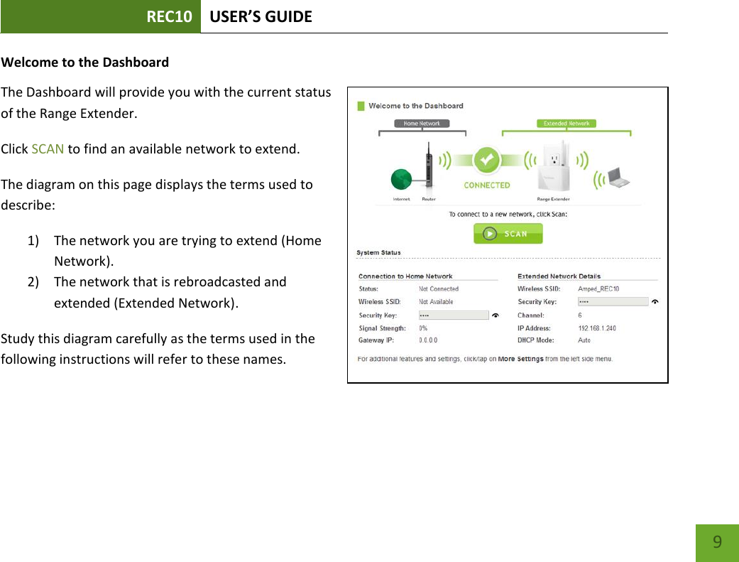 REC10 USER’S GUIDE   9 9 Welcome to the Dashboard The Dashboard will provide you with the current status of the Range Extender.   Click SCAN to find an available network to extend. The diagram on this page displays the terms used to describe: 1) The network you are trying to extend (Home Network). 2) The network that is rebroadcasted and extended (Extended Network). Study this diagram carefully as the terms used in the following instructions will refer to these names. 