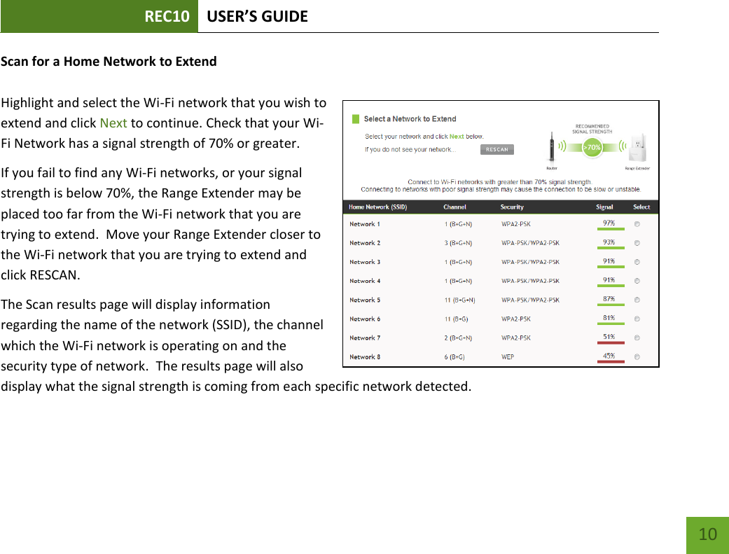 REC10 USER’S GUIDE   10 10 Scan for a Home Network to Extend  Highlight and select the Wi-Fi network that you wish to extend and click Next to continue. Check that your Wi-Fi Network has a signal strength of 70% or greater. If you fail to find any Wi-Fi networks, or your signal strength is below 70%, the Range Extender may be placed too far from the Wi-Fi network that you are trying to extend.  Move your Range Extender closer to the Wi-Fi network that you are trying to extend and click RESCAN. The Scan results page will display information regarding the name of the network (SSID), the channel which the Wi-Fi network is operating on and the security type of network.  The results page will also display what the signal strength is coming from each specific network detected.  