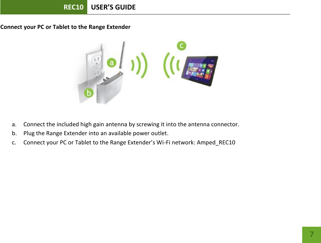 REC10 USER’S GUIDE   7 7 Connect your PC or Tablet to the Range Extender  a. Connect the included high gain antenna by screwing it into the antenna connector. b. Plug the Range Extender into an available power outlet. c. Connect your PC or Tablet to the Range Extender’s Wi-Fi network: Amped_REC10    
