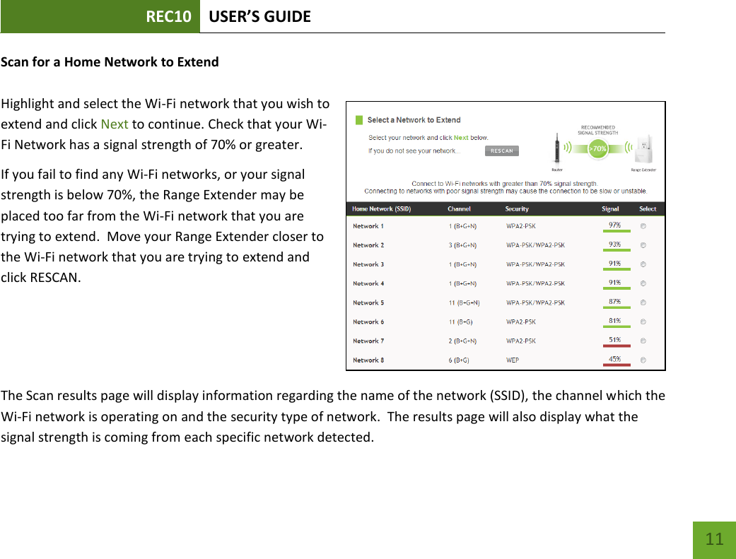 REC10 USER’S GUIDE   11 11 Scan for a Home Network to Extend  Highlight and select the Wi-Fi network that you wish to extend and click Next to continue. Check that your Wi-Fi Network has a signal strength of 70% or greater. If you fail to find any Wi-Fi networks, or your signal strength is below 70%, the Range Extender may be placed too far from the Wi-Fi network that you are trying to extend.  Move your Range Extender closer to the Wi-Fi network that you are trying to extend and click RESCAN.    The Scan results page will display information regarding the name of the network (SSID), the channel which the Wi-Fi network is operating on and the security type of network.  The results page will also display what the signal strength is coming from each specific network detected.  