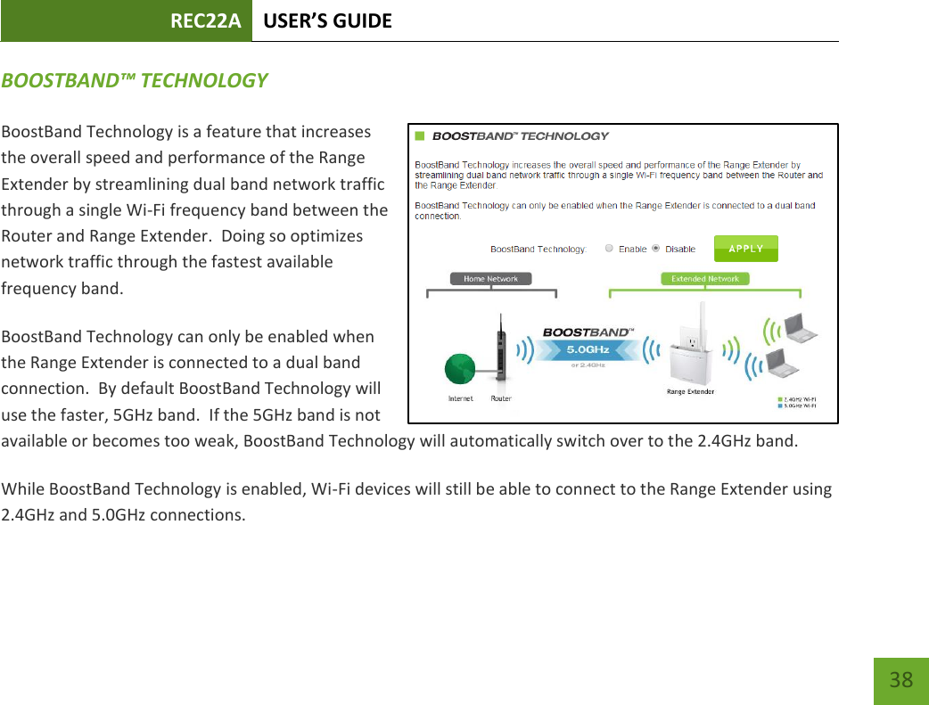 REC22A USER’S GUIDE   38 38 BOOSTBAND™ TECHNOLOGY BoostBand Technology is a feature that increases the overall speed and performance of the Range Extender by streamlining dual band network traffic through a single Wi-Fi frequency band between the Router and Range Extender.  Doing so optimizes network traffic through the fastest available frequency band. BoostBand Technology can only be enabled when the Range Extender is connected to a dual band connection.  By default BoostBand Technology will use the faster, 5GHz band.  If the 5GHz band is not available or becomes too weak, BoostBand Technology will automatically switch over to the 2.4GHz band.   While BoostBand Technology is enabled, Wi-Fi devices will still be able to connect to the Range Extender using 2.4GHz and 5.0GHz connections.   