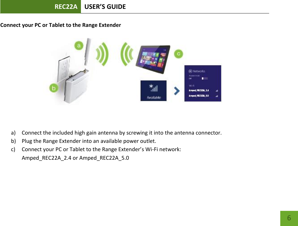 REC22A USER’S GUIDE   6 6 Connect your PC or Tablet to the Range Extender     a) Connect the included high gain antenna by screwing it into the antenna connector. b) Plug the Range Extender into an available power outlet. c) Connect your PC or Tablet to the Range Extender’s Wi-Fi network:  Amped_REC22A_2.4 or Amped_REC22A_5.0    