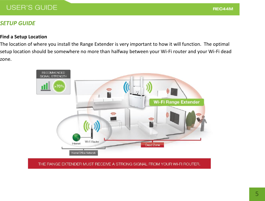   5 5 SETUP GUIDE Find a Setup Location The location of where you install the Range Extender is very important to how it will function.  The optimal setup location should be somewhere no more than halfway between your Wi-Fi router and your Wi-Fi dead zone.  