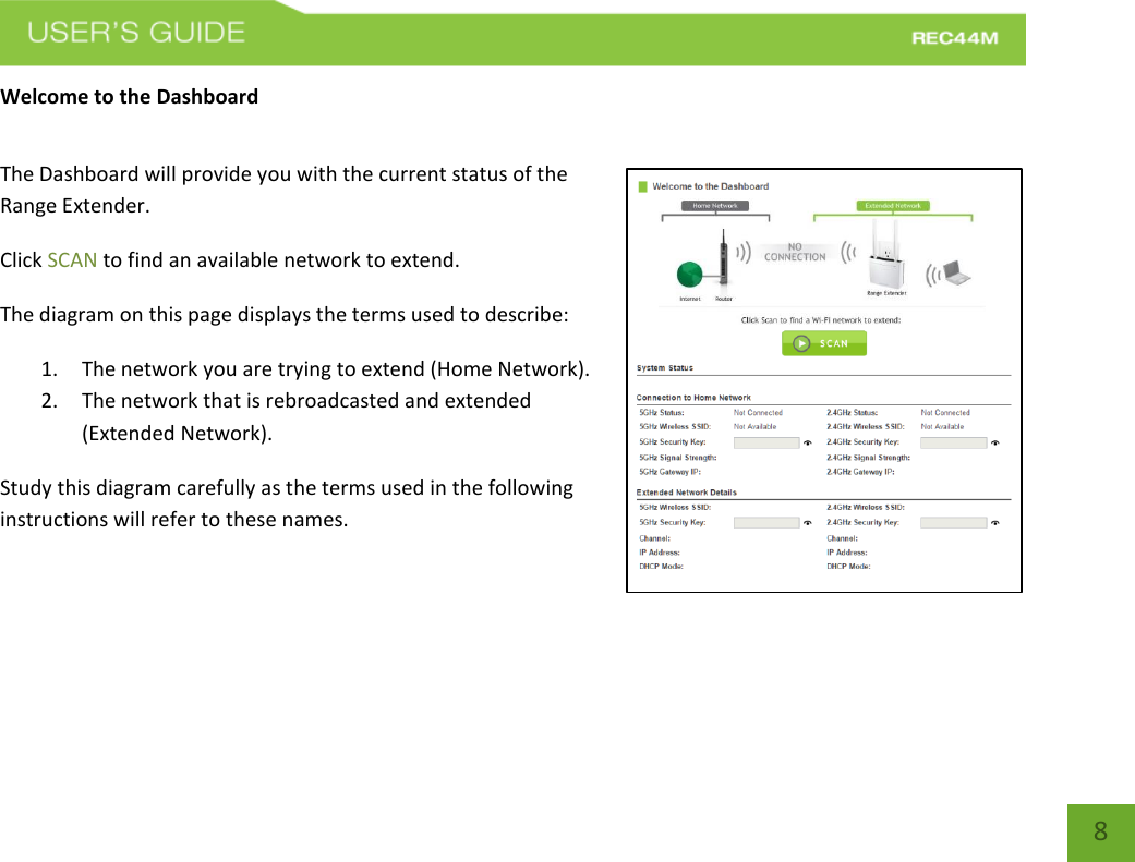   8 8 Welcome to the Dashboard  The Dashboard will provide you with the current status of the Range Extender.   Click SCAN to find an available network to extend. The diagram on this page displays the terms used to describe: 1. The network you are trying to extend (Home Network). 2. The network that is rebroadcasted and extended (Extended Network). Study this diagram carefully as the terms used in the following instructions will refer to these names.   