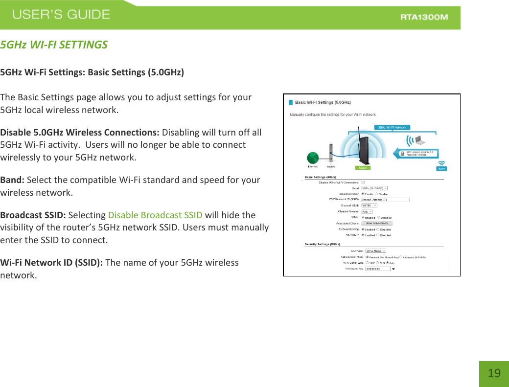   19 5GHz WI-FI SETTINGS  5GHz Wi-Fi Settings: Basic Settings (5.0GHz)  The Basic Settings page allows you to adjust settings for your 5GHz local wireless network. Disable 5.0GHz Wireless Connections: Disabling will turn off all 5GHz Wi-Fi activity.  Users will no longer be able to connect wirelessly to your 5GHz network. Band: Select the compatible Wi-Fi standard and speed for your wireless network. Broadcast SSID: Selecting Disable Broadcast SSID will hide the visibility of the router’s 5GHz network SSID. Users must manually enter the SSID to connect. Wi-Fi Network ID (SSID): The name of your 5GHz wireless network. 